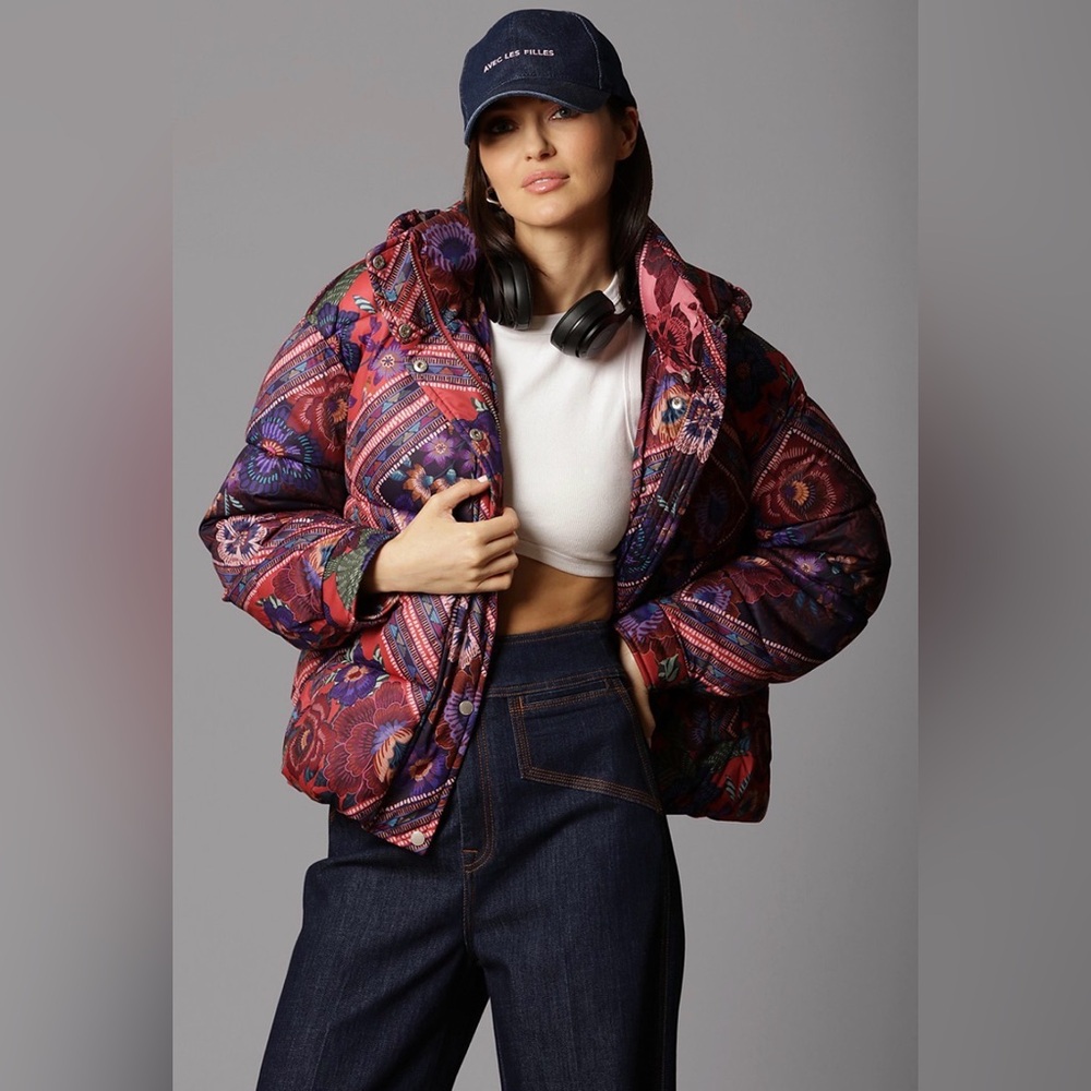 Avec Les Filles Thermal Puff Hooded Floral Patchwork Puffer Coat Large